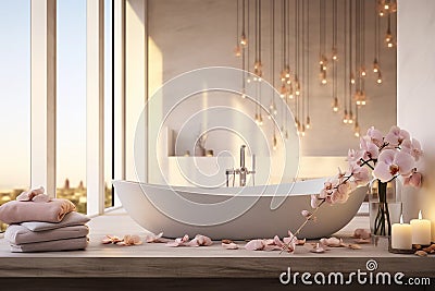 Luxury bathroom interior with bathtub and flowers. Relax bodycare, beauty and health concept. Generative AI Stock Photo