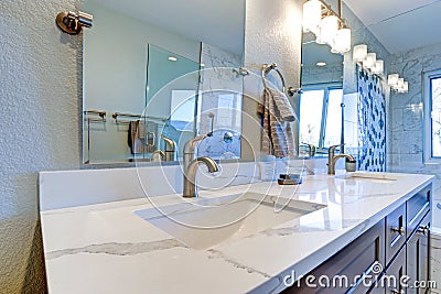 Luxury bathroom interior with blue dual washstand. Stock Photo