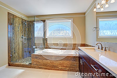 Luxury bathroom interior with large vanity cabinet, glass cabin shower and white bath tub. Stock Photo