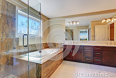 Luxury bathroom interior with large vanity cabinet, glass cabin shower and white bath tub. Stock Photo