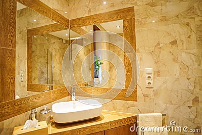 Luxury bathroom interior. Mirror reflecion. Interior design. Modern room. White sink Stock Photo