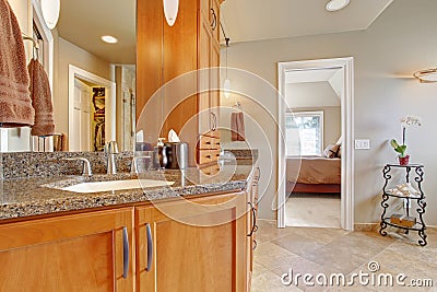 Luxury bathroom with large storage combination and granite tops Stock Photo