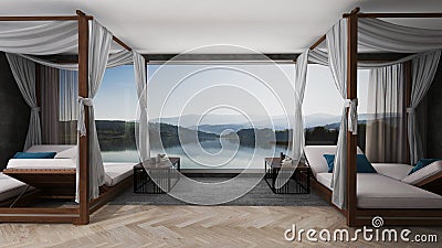 Luxury Beach bedroom - Modern and Luxury on vacation on summer holidays with a stunning lakeside view Stock Photo