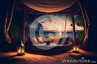 Luxury beach with chillout lounge place for rest next to sea shore under the palm trees. Neural network generated art Stock Photo