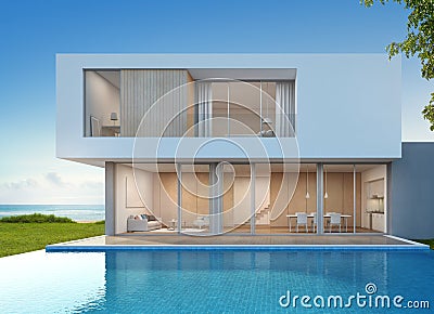 Luxury beach house with sea view swimming pool in modern design, Vacation home for big family Stock Photo