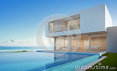 Luxury beach house with sea view swimming pool in modern design, Vacation home for big family Stock Photo