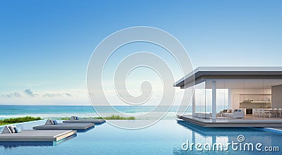 Luxury beach house with sea view swimming pool in modern design, Vacation home for big family Stock Photo