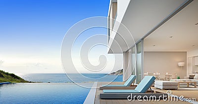 Luxury beach house with sea view swimming pool and terrace near living room in modern design, Vacation home or holiday villa Stock Photo