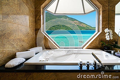 Luxury beautiful interior design on beach resort, window view fr Stock Photo