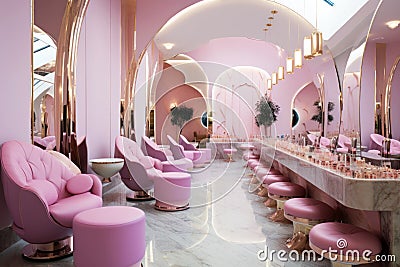 Luxury beauty salon interior, inside modern pink cosmetic service shop Stock Photo