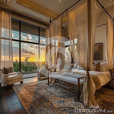 Luxury bedroom bathed in the warm glow of sunset light Stock Photo