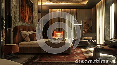 Luxury Bedroom with Fine Textures and Tan Bedspread Stock Photo