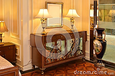 luxury bedroom houseroom Classical furniture table lighting Stock Photo