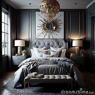 Luxury bedroom interior with black walls, wooden floor, gray master bed with pillows and gold lamps. generative ai Stock Photo