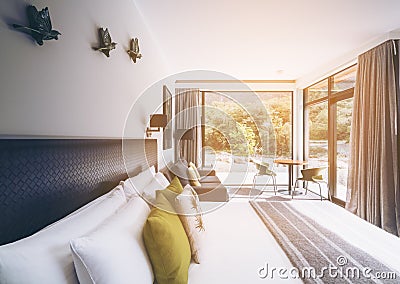 Luxury bedroom interior at Milford Sound Lodge Editorial Stock Photo