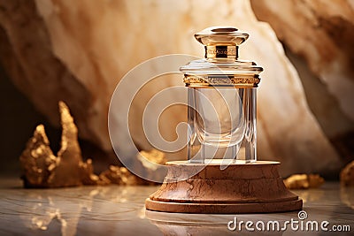 Luxury Beige Perfume Fragrance in Glass Vial with Gold Cap on Travertine Podium Stock Photo