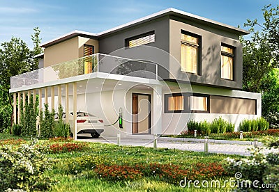 Luxury modern house and electric car Stock Photo