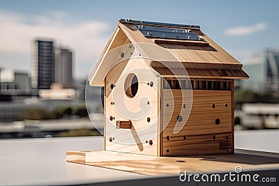 luxury birdhouse with heated floor and bathroom, and view of the city skyline Stock Photo