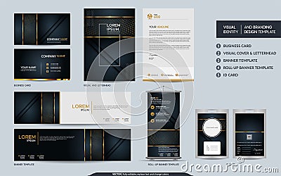 Luxury black gold stationery mock up set and visual brand identity with abstract overlap layers background Vector Illustration