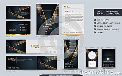 Luxury black gold stationery mock up and visual brand identity set Vector Illustration