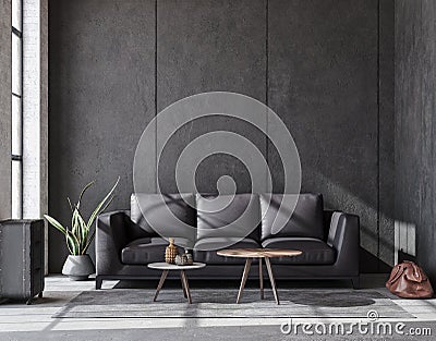 Luxury black industrial living room, loft interior Stock Photo