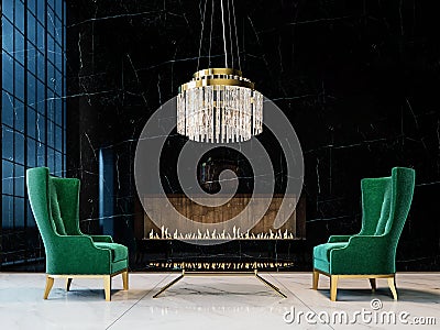 Luxury black marble mock-up wall with expensive green armchairs, glass chandelier and modern built-in fireplace, living room Cartoon Illustration