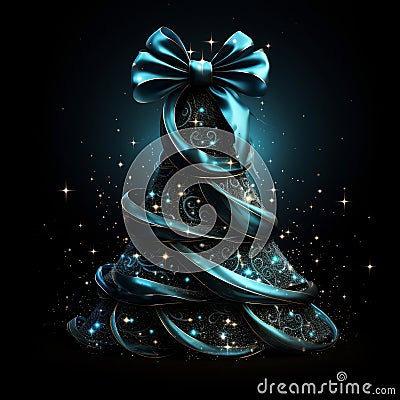 Luxury blue ribbon like a christmas tree on black background with glow and glitter. Christmas tree. Stock Photo