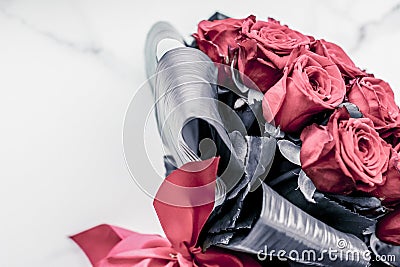 Luxury bouquet of coral roses on marble background, beautiful flowers as holiday love present on Valentines Day Stock Photo