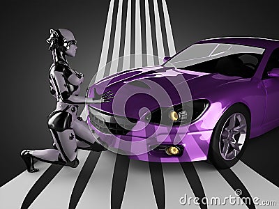 Luxury brandless sport car and woman robot Stock Photo