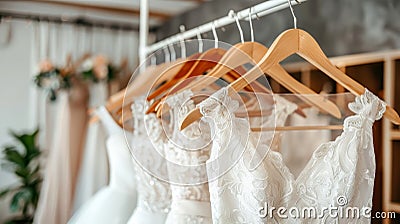 Luxury bridal gowns on hangers in boutique bridal shop, elegant white wedding dresses close up Stock Photo