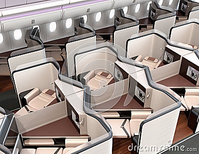 Luxury business class suites interior. Reclining seat in fully flat mode Stock Photo