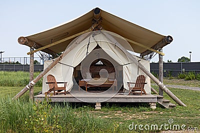 Luxury Camping Tent on Governors Island in New York City during the Summer Editorial Stock Photo