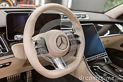 Luxury car Mercedes Benz S500 S class w223 interior dashboard with steering wheel. Editorial Stock Photo