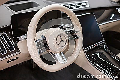 Luxury car Mercedes Benz S500 S class w223 interior dashboard with steering wheel. Editorial Stock Photo