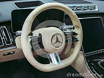 Luxury car Mercedes Benz S500 S class w223 interior dashboard with steering wheel. Editorial Stock Photo