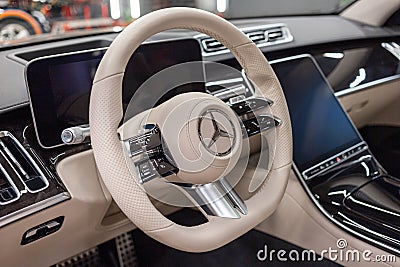 Luxury car Mercedes Benz S500 S class w223 interior dashboard with steering wheel. Editorial Stock Photo