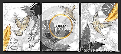 Luxury cards collection with marble texture,birds and tropical leaves .Vector trendy background. Modern set of abstract card, temp Stock Photo