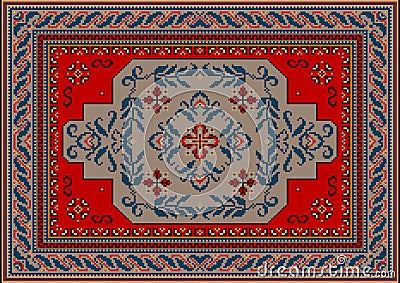 Luxury carpet of red, gray and blue shades with a central ornament of curved branches with leaves Vector Illustration