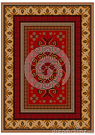 Luxury carpet with yellow edges and ethnic patterns on a red field in the center Vector Illustration