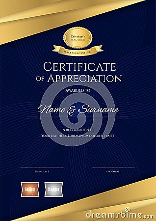 Luxury certificate template with elegant blue and golden border Vector Illustration