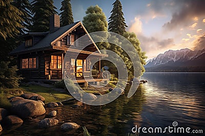 Luxury chalet on the lake at sunset. House by the river at the foot of the mountains Stock Photo