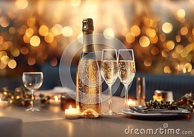 Luxury champagne bottle with glasses on table in fancy restaurant.Macro.AI Generative Stock Photo