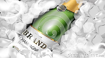 Luxury champagne bottle green color with water drop on ice cubes background Vector Illustration