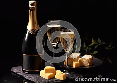 Luxury champagne glasses and bottle with cheese on black stone board.Macro.AI Generative Stock Photo