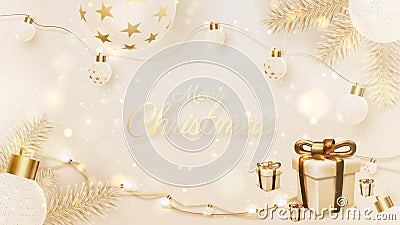 Luxury christmas background, golden ball, pine tree, lamp, gift box, bokeh, blur and snow element on scene. Vector Illustration