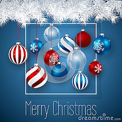 Luxury Christmas design with blue red Christmas balls and Xmas glass ball over blue background. Holiday decoration template. Vector Illustration