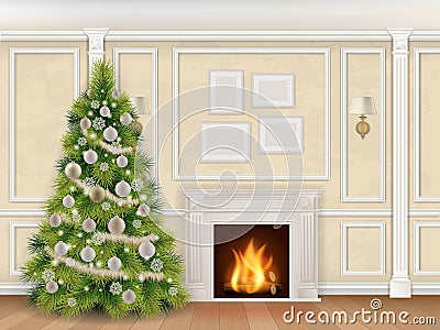Luxury christmas interior with fireplace Vector Illustration