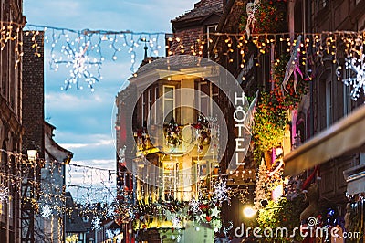 Luxury Christmas neon hotel sign travel destination Stock Photo