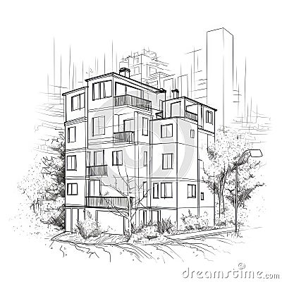 Luxury City Home Architecture Property Drawing. Perfect for Real Estate Ads. Stock Photo