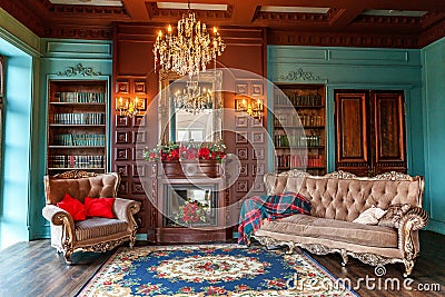 Luxury classic interior of home library. Sitting room with bookshelf, books, arm chair, sofa and fireplace. Clean and modern Stock Photo